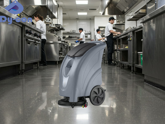 Pequenos limpadores de piso para limpar rapidamente pisos oleosos em cozinhas comerciais